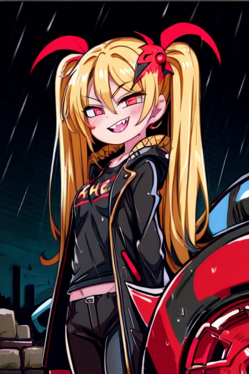 8k resolution, high resolution, masterpiece, long black scaly coat, open coat, yellow hair, white trickster mask,mocking smile painted on the mask,red smile, fanged smile,red eyes painted on the mask,squinted eyes, black gloves, black pants, arms thrown to the side, looking at the viewer, scarlet lightning in the background, rain, thunderstorm, the whole body in the frame, solo, the text on the T-shirt "the best seductress of little girls"
,Style