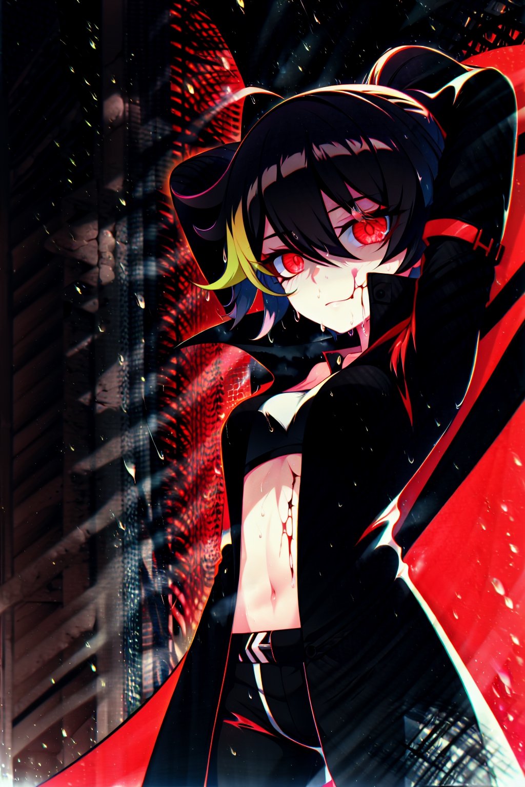 Loli, solo, Naruko Uzumaki, red eyes, eyes emitting scarlet light, black sclera, absolutely black eyeballs, three thin black vertical stripes on both cheeks, shadow on the face, the upper part of the face is hidden by shadow, long black scaly coat, open coat, yellow hair, two ponytails, squinted eyes, black gloves, black trousers, arms outstretched, scarlet lightning in the background, rain, thunderstorm, the whole body in the frame,