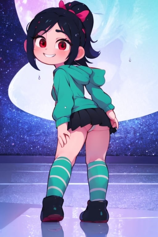 8k resolution, high resolution, masterpiece, intricate details, highly detailed, HD quality, solo, loli, short stature, little girls, only girls, dark background, rain, scarlet moon, crimson moon, moon, moon on the background, 

Vanellope von Schweetz.black hair.red eyes.green hoodie.black skirt.mini skirt.stockings.stockings with white and green stripes.funny expression.cheeky smile, standing with his back to the viewer, ass, big ass, ass set aside, perfect ass, focus on ass, perfect anus, perfect vagina, beautiful anus, beautiful vagina, smooth anus, smooth vagina, small breasts, flat breasts, 

focus on the whole body, the whole body in the frame, the body is completely in the frame, the body does not leave the frame, detailed hands, detailed fingers, perfect body, perfect anatomy, wet bodies, rich colors, vibrant colors, detailed eyes, super detailed, extremely beautiful graphics, super detailed skin, best quality, highest quality, high detail, masterpiece, detailed skin, perfect anatomy, perfect body, perfect hands, perfect fingers, complex details, reflective hair, textured hair, best quality,super detailed,complex details, high resolution,

,jcdDX_soul3142,JCM2,High detailed ,USA,Color magic,AmyRose,Mrploxykun,Sonic,perfecteyes,Artist,AGGA_ST011,AGGA_ST005,rizdraws,fairy_tail_style,Oerlord,illya,hornet,HarryDraws,jtveemo,ChronoTemp ,Captain kirb