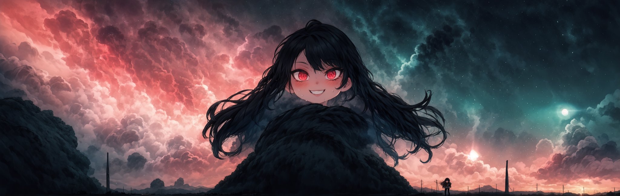 8k resolution, high resolution, masterpiece, intricate details, highly detailed, HD quality, solo, loli, black desert on the background, night, rain, red stars in the sky, scarlet moon, red stars, scarlet cosmos, snowy wasteland, black snow, scarlet lightning, apocalypse, the girl in the share, loli, black hair.long hair.developing hair.formidable aura.the scarlet aura.red eyes.glowing eyes.black coat.black pants.a cheeky smile.a cheeky expression.happy expression,

Focus on the whole body, the whole body in the frame, the body is completely in the frame, the body does not leave the frame, detailed hands, detailed fingers, perfect body, perfect anatomy, wet bodies, rich colors, vibrant colors, detailed eyes, super detailed, extremely beautiful graphics, super detailed skin, best quality, highest quality, high detail, masterpiece, detailed skin, perfect anatomy, perfect body, perfect hands, perfect fingers, complex details, reflective hair, textured hair, best quality,super detailed,complex details, high resolution,USA,JCM2,Captain kirb,jtveemo,ChronoTemp ,EpicArt,Mrploxykun