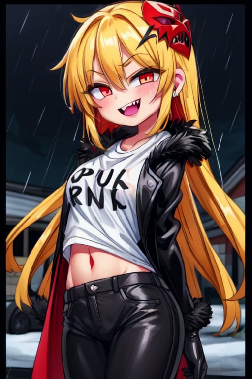 8k resolution, high resolution, masterpiece, long black scaly coat, open coat, yellow hair, white trickster mask,mocking smile painted on the mask,red smile, fanged smile,red eyes painted on the mask,squinted eyes, black gloves, black pants, arms thrown to the side, looking at the viewer, scarlet lightning in the background, rain, thunderstorm, the whole body in the frame, solo, the inscription on the T-shirt, the inscription, the best seductress of little girls


