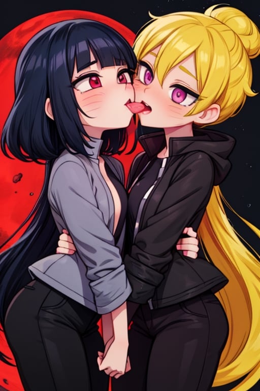 8k resolution, high resolution, masterpiece, intricate details, highly detailed, HD quality, solo, loli, dark background, black desert, scarlet moon,red moon, moon, rain,  2_girls, girls kissing, Naruko uzumaki.red eyes.(Naruko uzumaki has red eyes).blonde.yellow hair.Naruko uzumaki's clothes.black coat.black pants.a gentle expression.a satisfied expression.a playful expression.(Naruko towers over her partner), Hinata Hyuga.dark blue hair.pale lilac eyes.no pupils.Hinata Hugo's clothes.shinobi clothes.grey jacket.black pants.an embarrassed expression.happy recovery.joyful expression, kiss, two girls kissing, naruko and wednesday kissing, spittle, lesbian kiss, yuri, detailed kiss, kiss with tongues, detailed languages, focus on the whole body, the whole body in the frame, small breasts, rich colors, vibrant colors, detailed eyes, super detailed, extremely beautiful graphics, super detailed skin, best quality, highest quality, high detail, masterpiece, detailed skin, perfect anatomy, perfect body, perfect hands, perfect fingers, complex details, reflective hair, textured hair, best quality,super detailed,complex details, high resolution,

,jtveemo,himenoa,Star vs. the Forces of Evil ,Naruto