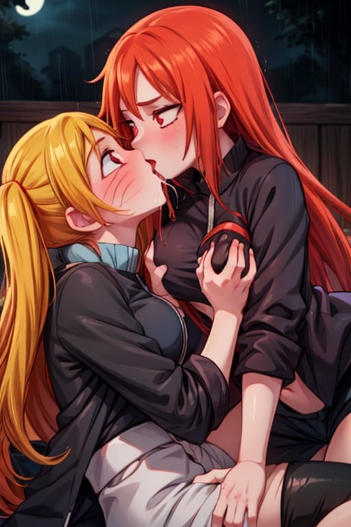 8k resolution, high resolution, masterpiece, intricate details, highly detailed, HD quality, solo, loli, dark background, black desert, scarlet moon,red moon, moon, rain,  2_girls, girls kissing, Naruko uzumaki.red eyes.(Naruko uzumaki has red eyes).blonde.yellow hair.Naruko uzumaki's clothes.black coat.black pants.a gentle expression.a satisfied expression.a playful expression.(Naruko towers over her partner), Karin Uzumaki.scarlet hair.red eyes.Karin Uzumaki's clothes.shinobi clothes.grey T-shirt with cutouts on the sides.black shorts.thoughtful expression.happy recovery.joyful expression, kiss, two girls kissing, naruko and wednesday kissing, spittle, lesbian kiss, yuri, detailed kiss, kiss with tongues, detailed languages, focus on the whole body, the whole body in the frame, small breasts, rich colors, vibrant colors, detailed eyes, super detailed, extremely beautiful graphics, super detailed skin, best quality, highest quality, high detail, masterpiece, detailed skin, perfect anatomy, perfect body, perfect hands, perfect fingers, complex details, reflective hair, textured hair, best quality,super detailed,complex details, high resolution,

,jtveemo,himenoa,Star vs. the Forces of Evil ,Naruto,Landidzu,arcane style,Oerlord,DAGASI,Karin