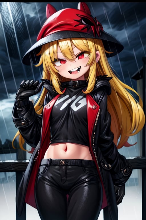 8k resolution, high resolution, masterpiece, long black scaly coat, open coat, yellow hair, white trickster mask,mocking smile painted on the mask,red smile, fanged smile,red eyes painted on the mask,squinted eyes, black gloves, black pants, arms thrown to the side, looking at the viewer, scarlet lightning in the background, rain, thunderstorm, the whole body in the frame, solo, 