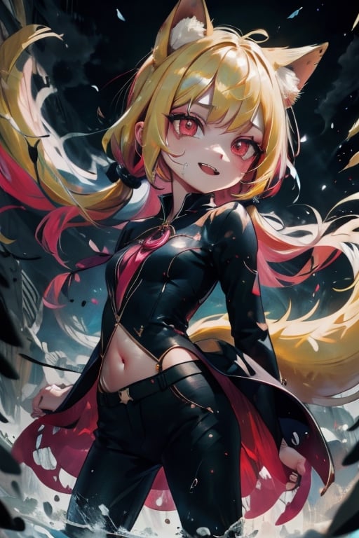 8k resolution, high resolution, masterpiece, intricate details, highly detailed, HD quality, solo, loli, short stature, little girls, only girls, dark background, rain, scarlet moon, crimson moon, moon, moon on the background, 

Red eyes.black sclera.vertical pupil.cat's pupil.glowing eyes.fangs.fox ears.a fox's tail behind his back.claws on the fingers.claw.black claws.small claws.blonde.yellow hair.long hair.straight hair.two ponytails.black scaly coat.black pants.an evil expression.grin.a joyful expression.fighting pose, 

focus on the whole body, the whole body in the frame, the body is completely in the frame, the body does not leave the frame, detailed hands, detailed fingers, perfect body, perfect anatomy, wet bodies, rich colors, vibrant colors, detailed eyes, super detailed, extremely beautiful graphics, super detailed skin, best quality, highest quality, high detail, masterpiece, detailed skin, perfect anatomy, perfect body, perfect hands, perfect fingers, complex details, reflective hair, textured hair, best quality,super detailed,complex details, high resolution,

,jcdDX_soul3142,JCM2,High detailed ,USA,Color magic,AmyRose,Mrploxykun,Sonic,perfecteyes,Artist,AGGA_ST011,AGGA_ST005,rizdraws,fairy_tail_style,Oerlord,illya,hornet,HarryDraws,jtveemo,ChronoTemp ,Star vs. the Forces of Evil ,arcane style,Landidzu,Captain kirb,Saturated colors