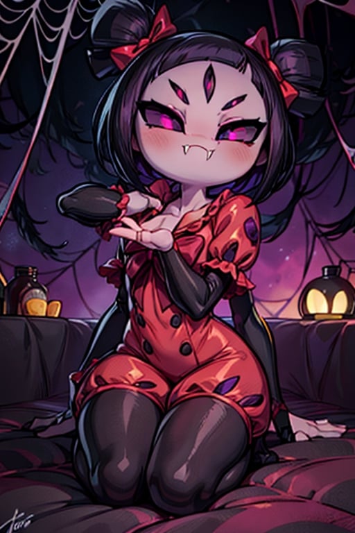 8k resolution, high resolution, masterpiece,  intricate details, highly detailed, HD quality, best quality, vibrant colors, 1girl,muffet,(muffetwear), monster girl,((purple body:1.3)),humanoid, arachnid, anthro,((fangs)),pigtails,hair bows,5 eyes,spider girl,6 arms,solo,clothed,6 hands,detailed hands,((spider webs:1.4)),bloomers,red and black clothing, armwear,  detailed eyes, super detailed, extremely beautiful graphics, super detailed skin, best quality, highest quality, high detail, masterpiece, detailed skin, perfect anatomy, perfect hands, perfect fingers, complex details, reflective hair, textured hair, best quality, super detailed, complex details, high resolution, looking at the viewer, rich colors, ,muffetwear,Shadbase ,JCM2,DAGASI,Oerlord,illya,In the style of gravityfalls,tensura,Mrploxykun,BORN-TO-DIE,Captain kirb,ChronoTemp ,spy x family style