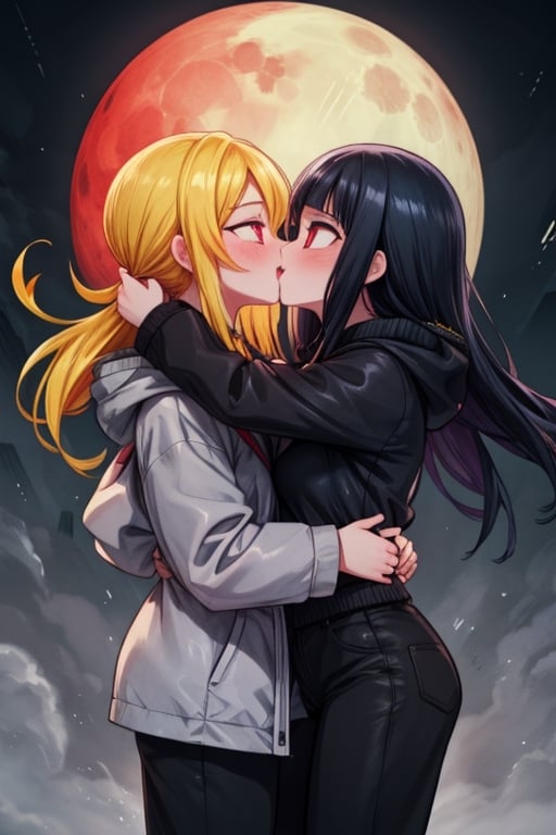 8k resolution, high resolution, masterpiece, intricate details, highly detailed, HD quality, solo, loli, dark background, black desert, scarlet moon,red moon, moon, rain,  2_girls, girls kissing, Naruko uzumaki.red eyes.(Naruko uzumaki has red eyes).blonde.yellow hair.Naruko uzumaki's clothes.black coat.black pants.a gentle expression.a satisfied expression.a playful expression.(Naruko towers over her partner), Hinata Hyuga.dark blue hair.pale lilac eyes.no pupils.Hinata Hugo's clothes.shinobi clothes.grey jacket.black pants.an embarrassed expression.happy recovery.joyful expression, kiss, two girls kissing, naruko and wednesday kissing, spittle, lesbian kiss, yuri, detailed kiss, kiss with tongues, detailed languages, focus on the whole body, the whole body in the frame, small breasts, rich colors, vibrant colors, detailed eyes, super detailed, extremely beautiful graphics, super detailed skin, best quality, highest quality, high detail, masterpiece, detailed skin, perfect anatomy, perfect body, perfect hands, perfect fingers, complex details, reflective hair, textured hair, best quality,super detailed,complex details, high resolution,

,jtveemo,himenoa