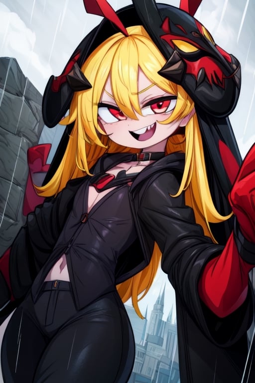 8k resolution, high resolution, masterpiece, long black scaly coat, open coat, yellow hair, white trickster mask,mocking smile painted on the mask,red smile, fanged smile,red eyes painted on the mask,squinted eyes, black gloves, black pants, arms thrown to the side, looking at the viewer, scarlet lightning in the background, rain, thunderstorm, the whole body in the frame, solo, detailed eyes, super detailed, extremely beautiful graphics, super detailed skin, best quality, highest quality, high detail, masterpiece, detailed skin, perfect anatomy, perfect hands, perfect fingers, complex details, reflective hair, textured hair, best quality, super detailed, complex details, high resolution, looking at the viewer, rich colors,Mrploxykun,JCM2,High detailed ,perfecteyes,Color magic,War of the Visions  ,Saturated colors,Artist
