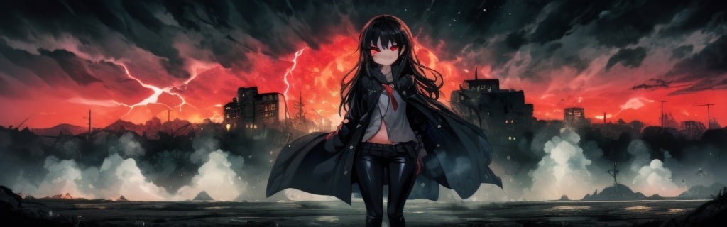 8k resolution, high resolution, masterpiece, intricate details, highly detailed, HD quality, solo, loli, black desert on the background, night, rain, red stars in the sky, scarlet moon, red stars, scarlet cosmos, snowy wasteland, black snow, scarlet lightning, apocalypse, the girl in the share, loli, black hair.long hair.red eyes.glowing eyes.black coat.black pants.a cheeky smile.a cheeky expression.happy expression,

Focus on the whole body, the whole body in the frame, the body is completely in the frame, the body does not leave the frame, detailed hands, detailed fingers, perfect body, perfect anatomy, wet bodies, rich colors, vibrant colors, detailed eyes, super detailed, extremely beautiful graphics, super detailed skin, best quality, highest quality, high detail, masterpiece, detailed skin, perfect anatomy, perfect body, perfect hands, perfect fingers, complex details, reflective hair, textured hair, best quality,super detailed,complex details, high resolution,USA,JCM2,Captain kirb,jtveemo,ChronoTemp ,EpicArt,Mrploxykun