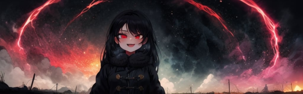 8k resolution, high resolution, masterpiece, intricate details, highly detailed, HD quality, solo, loli, black desert on the background, night, rain, red stars in the sky, scarlet moon, red stars, scarlet cosmos, snowy wasteland, black snow, scarlet lightning, apocalypse, the girl in the share, loli, black hair.long hair.developing hair.formidable aura.the scarlet aura.red eyes.glowing eyes.black coat.black pants.a cheeky smile.a cheeky expression.happy expression,

Focus on the whole body, the whole body in the frame, the body is completely in the frame, the body does not leave the frame, detailed hands, detailed fingers, perfect body, perfect anatomy, wet bodies, rich colors, vibrant colors, detailed eyes, super detailed, extremely beautiful graphics, super detailed skin, best quality, highest quality, high detail, masterpiece, detailed skin, perfect anatomy, perfect body, perfect hands, perfect fingers, complex details, reflective hair, textured hair, best quality,super detailed,complex details, high resolution,USA,JCM2,Captain kirb,jtveemo,ChronoTemp ,EpicArt,Mrploxykun