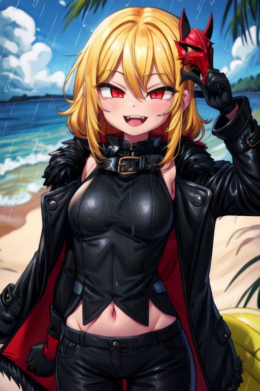 8k resolution, high resolution, masterpiece, long black scaly coat, open coat, yellow hair, white trickster mask,mocking smile painted on the mask,red smile, beach, fanged smile,red eyes painted on the mask,squinted eyes, black gloves, black pants, arms thrown to the side, looking at the viewer, scarlet lightning in the background, rain, thunderstorm, the whole body in the frame, solo, 