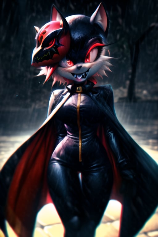 8k resolution, high resolution, masterpiece, long black scaly coat, open coat,  white trickster mask,mocking smile painted on the mask,red smile, fanged smile,red eyes painted on the mask,squinted eyes, black gloves, black pants, arms thrown to the side, looking at the viewer, scarlet lightning in the background, rain, thunderstorm, the whole body in the frame, solo, 