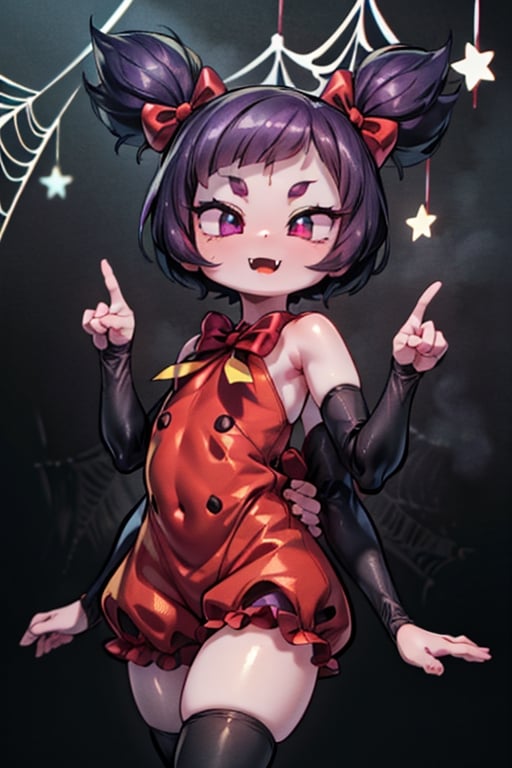 8k resolution, high resolution, masterpiece,  intricate details, highly detailed, HD quality, best quality, vibrant colors, 1girl,muffet,(muffetwear), monster girl,((purple body:1.3)),humanoid, arachnid, anthro,((fangs)),pigtails,hair bows,5 eyes,spider girl,6 arms,solo,clothed,6 hands,detailed hands,((spider webs:1.4)),bloomers,red and black clothing, armwear,  detailed eyes, super detailed, extremely beautiful graphics, super detailed skin, best quality, highest quality, high detail, masterpiece, detailed skin, perfect anatomy, perfect hands, perfect fingers, complex details, reflective hair, textured hair, best quality, super detailed, complex details, high resolution, looking at the viewer, rich colors, ,muffetwear,Shadbase ,JCM2,DAGASI,Oerlord,illya,In the style of gravityfalls,tensura,Mrploxykun,BORN-TO-DIE,Captain kirb