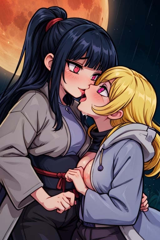 8k resolution, high resolution, masterpiece, intricate details, highly detailed, HD quality, solo, loli, dark background, black desert, scarlet moon,red moon, moon, rain,  2_girls, girls kissing, Naruko uzumaki.red eyes.(Naruko uzumaki has red eyes).blonde.yellow hair.Naruko uzumaki's clothes.black coat.black pants.a gentle expression.a satisfied expression.a playful expression.(Naruko towers over her partner), Hinata Hyuga.dark blue hair.pale lilac eyes.no pupils.Hinata Hugo's clothes.shinobi clothes.grey jacket.black pants.an embarrassed expression.happy recovery.joyful expression, kiss, two girls kissing, naruko and wednesday kissing, spittle, lesbian kiss, yuri, detailed kiss, kiss with tongues, detailed languages, focus on the whole body, the whole body in the frame, small breasts, rich colors, vibrant colors, detailed eyes, super detailed, extremely beautiful graphics, super detailed skin, best quality, highest quality, high detail, masterpiece, detailed skin, perfect anatomy, perfect body, perfect hands, perfect fingers, complex details, reflective hair, textured hair, best quality,super detailed,complex details, high resolution,

