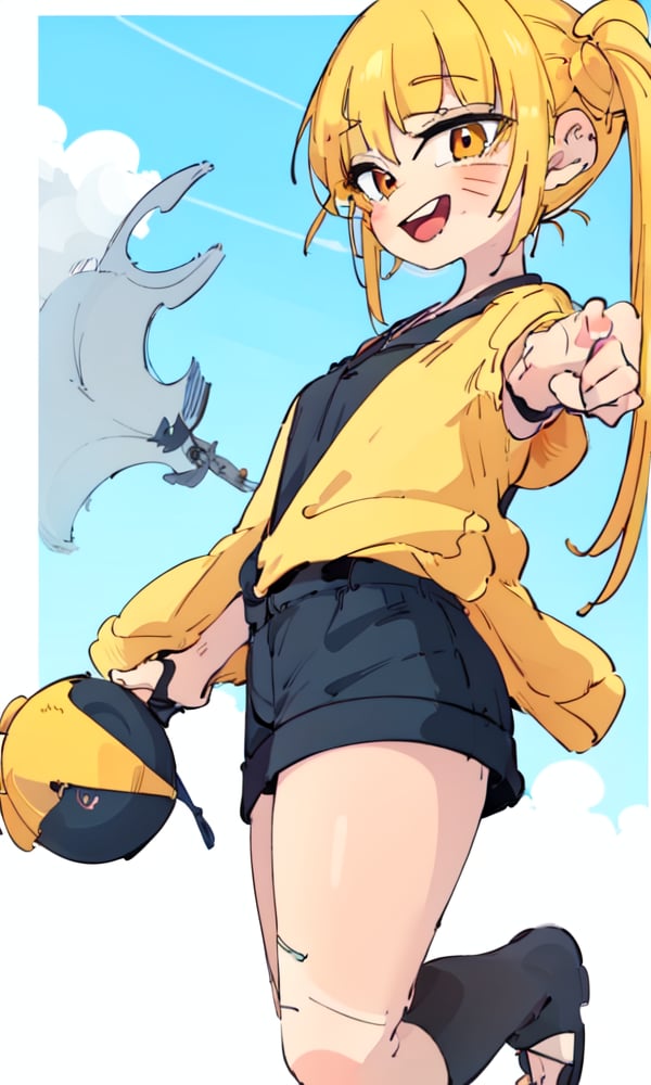 masterpiece, best quality, spectacular, solo, Naruko_Uzumaki, yellow hair, two pigtails, red eyes, elongated vertical pupils, small breasts, loli, cheeky smile, straight pose, looks at the viewer, scarlet cloak, hands tied with black bandages, forearms tied with black bandages, black belt, black pants, chest bandaged black bandages, perfect eyes, perfect body, perfect anatomy , cartoon, naruto,KezieDra,らす 