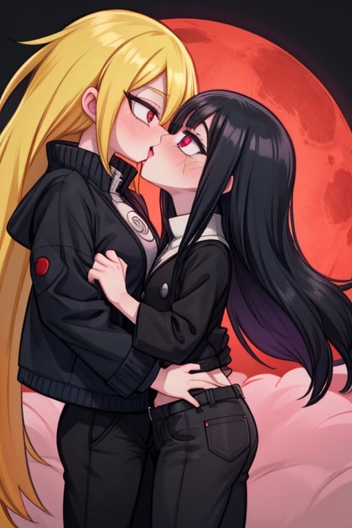8k resolution, high resolution, masterpiece, intricate details, highly detailed, HD quality, solo, loli, dark background, black desert, scarlet moon,red moon, moon, rain,  2_girls, girls kissing, Naruko uzumaki.red eyes.(Naruko uzumaki has red eyes).blonde.yellow hair.Naruko uzumaki's clothes.black coat.black pants.a gentle expression.a satisfied expression.a playful expression.(Naruko towers over her partner), Hinata Hyuga.dark blue hair.pale lilac eyes.no pupils.Hinata Hugo's clothes.shinobi clothes.grey jacket.black pants.an embarrassed expression.happy recovery.joyful expression, kiss, two girls kissing, naruko and wednesday kissing, spittle, lesbian kiss, yuri, detailed kiss, kiss with tongues, detailed languages, focus on the whole body, the whole body in the frame, small breasts, rich colors, vibrant colors, detailed eyes, super detailed, extremely beautiful graphics, super detailed skin, best quality, highest quality, high detail, masterpiece, detailed skin, perfect anatomy, perfect body, perfect hands, perfect fingers, complex details, reflective hair, textured hair, best quality,super detailed,complex details, high resolution,

Shadbase,Ankha,USA,Sonique,Sonic,Naruto,Wednesday Addams  ,kiss,JCM2,Naruko,Shadbase ,Mrploxykun, Addams ,Artist,haruno sakura,Hinata