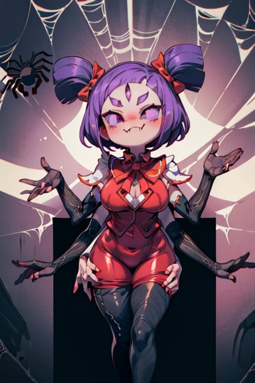 8k resolution, high resolution, masterpiece,  intricate details, highly detailed, HD quality, best quality, vibrant colors, 1girl,muffet,(muffetwear), monster girl,((purple body:1.3)),humanoid, arachnid, anthro,((fangs)),pigtails,hair bows,5 eyes,spider girl,6 arms,solo,clothed,6 hands,detailed hands,((spider webs:1.4)),bloomers,red and black clothing, armwear,  detailed eyes, super detailed, extremely beautiful graphics, super detailed skin, best quality, highest quality, high detail, masterpiece, detailed skin, perfect anatomy, perfect hands, perfect fingers, complex details, reflective hair, textured hair, best quality, super detailed, complex details, high resolution, looking at the viewer, rich colors, ,muffetwear,Shadbase ,JCM2,DAGASI,Oerlord,illya,In the style of gravityfalls,tensura,Mrploxykun,BORN-TO-DIE,Captain kirb