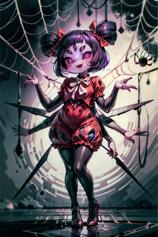 8k resolution, high resolution, masterpiece,  intricate details, highly detailed, HD quality, best quality, vibrant colors, 1girl,muffet,(muffetwear), monster girl,((purple body:1.3)),humanoid, arachnid, anthro,((fangs)),pigtails,hair bows,5 eyes,spider girl,6 arms,solo,clothed,6 hands,detailed hands,((spider webs:1.4)),bloomers,red and black clothing, armwear,  detailed eyes, super detailed, extremely beautiful graphics, super detailed skin, best quality, highest quality, high detail, masterpiece, detailed skin, perfect anatomy, perfect hands, perfect fingers, complex details, reflective hair, textured hair, best quality, super detailed, complex details, high resolution, looking at the viewer, rich colors, ,muffetwear,Shadbase ,JCM2,DAGASI,Oerlord,illya,In the style of gravityfalls,tensura,Mrploxykun,BORN-TO-DIE,Captain kirb