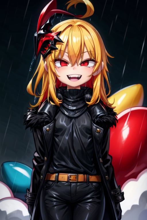 8k, resolution, high resolution, masterpiece, long black scaly coat, open coat, yellow hair, white trickster mask,mocking smile painted on the mask,red smile, fanged smile,red eyes painted on the mask,squinted eyes, black gloves, black pants, arms thrown to the side, looking at the viewer, scarlet lightning in the background, rain, thunderstorm, the whole body in the frame, solo, 