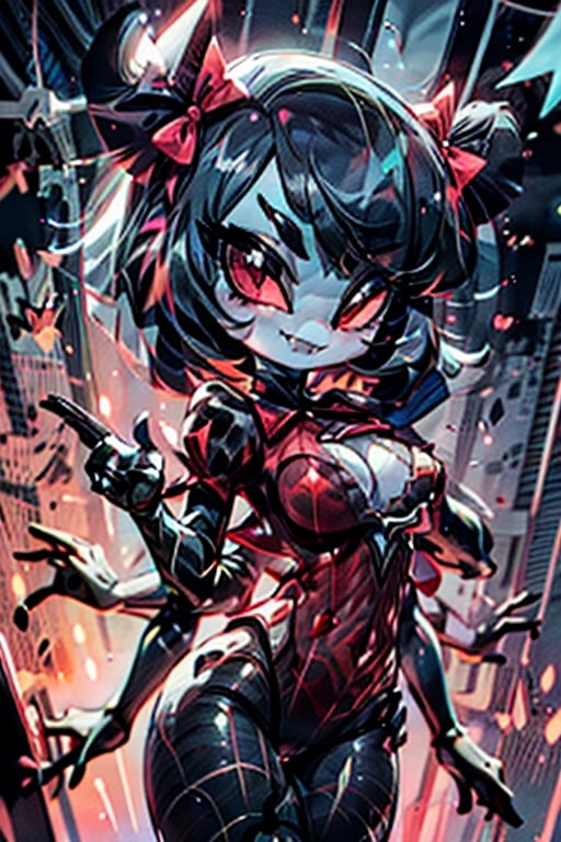 8k resolution, high resolution, masterpiece,  intricate details, highly detailed, HD quality, best quality, vibrant colors, 1girl,muffet,(muffetwear), monster girl,((purple body:1.3)),humanoid, arachnid, anthro,((fangs)),pigtails,hair bows,5 eyes,spider girl,6 arms,solo,clothed,6 hands,detailed hands,((spider webs:1.4)),bloomers,red and black clothing, armwear,  detailed eyes, super detailed, extremely beautiful graphics, super detailed skin, best quality, highest quality, high detail, masterpiece, detailed skin, perfect anatomy, perfect hands, perfect fingers, complex details, reflective hair, textured hair, best quality, super detailed, complex details, high resolution, looking at the viewer, rich colors, ,muffetwear,Shadbase ,JCM2,DAGASI,Oerlord,illya,In the style of gravityfalls,tensura,Mrploxykun,BORN-TO-DIE,Captain kirb,ChronoTemp 