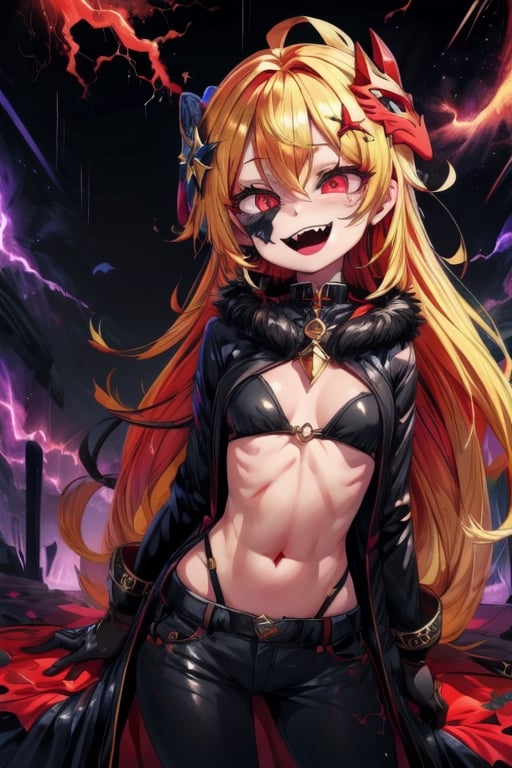 8k resolution, high resolution, masterpiece, long black scaly coat, open coat, yellow hair, white trickster mask,mocking smile painted on the mask,red smile, fanged smile,red eyes painted on the mask,squinted eyes, black gloves, black pants, arms thrown to the side, looking at the viewer, scarlet lightning in the background, rain, thunderstorm, the whole body in the frame, solo, detailed eyes, super detailed, extremely beautiful graphics, super detailed skin, best quality, highest quality, high detail, masterpiece, detailed skin, perfect anatomy, perfect hands, perfect fingers, complex details, reflective hair, textured hair, best quality, super detailed, complex details, high resolution, looking at the viewer, rich colors,Mrploxykun,JCM2,High detailed ,perfecteyes,Color magic,War of the Visions  ,Saturated colors