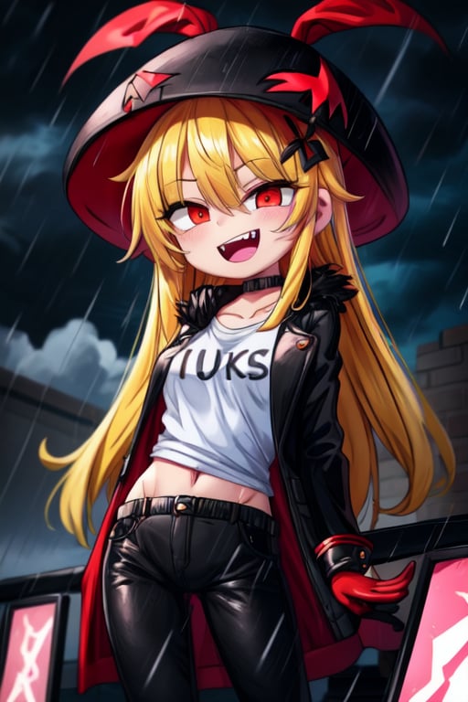 8k resolution, high resolution, masterpiece, long black scaly coat, open coat, yellow hair, white trickster mask,mocking smile painted on the mask,red smile, fanged smile,red eyes painted on the mask,squinted eyes, black gloves, black pants, arms thrown to the side, looking at the viewer, scarlet lightning in the background, rain, thunderstorm, the whole body in the frame, solo, the inscription on the T-shirt, the inscription, the best seductress of little girls


