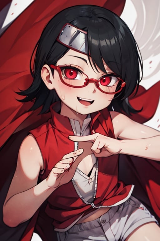 8k resolution, high resolution, masterpiece, intricate details, highly detailed, HD quality, solo, short stature, only girls, dark background, rain, scarlet moon, crimson moon, moon, moon on the background, 

Sarada Uchiha.red eyes.black hair.short hair.bangs on the forehead.slim build.a teenage girl.The clothes of the Uchiha Succession.shinobi clothes.sexy clothes.red vest.thin vest.white shorts.loose shorts.glasses.smile.a crazy smile.a cheeky expression.crazy expression.an insanely cheerful expression.a conspiratorial expression.sexy pose.fighting pose.lustful pose.perverted pose, 

flat chest, focus on the whole body, the whole body in the frame, the body is completely in the frame, the body does not leave the frame, detailed hands, detailed fingers, perfect body, perfect anatomy, wet bodies, rich colors, vibrant colors, detailed eyes, super detailed, extremely beautiful graphics, super detailed skin, best quality, highest quality, high detail, masterpiece, detailed skin, perfect anatomy, perfect body, perfect hands, perfect fingers, complex details, reflective hair, textured hair, best quality,super detailed,complex details, high resolution,

,perfecteyes,USA,Mrploxykun,jtveemo,JCM2,Captain kirb,Artist,AGGA_ST011,fantai12,Oerlord,arcane style,らす ,The Pink Pirate,Saradauchiha