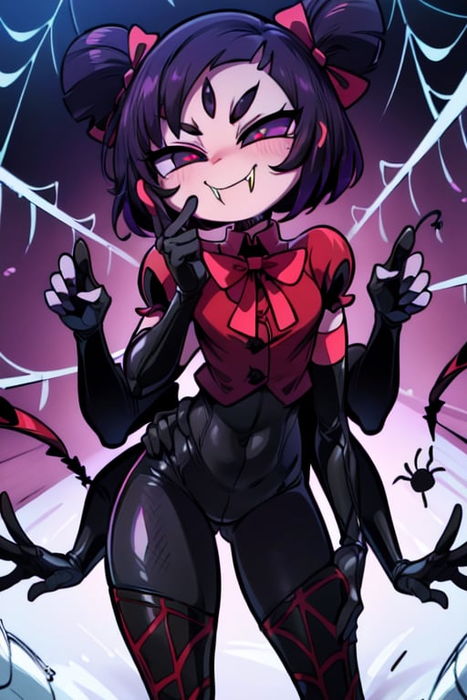 8k resolution, high resolution, masterpiece,  intricate details, highly detailed, HD quality, best quality, vibrant colors, 1girl,muffet,(muffetwear), monster girl,((purple body:1.3)),humanoid, arachnid, anthro,((fangs)),pigtails,hair bows,5 eyes,spider girl,6 arms,solo,clothed,6 hands,detailed hands,((spider webs:1.4)),bloomers,red and black clothing, armwear,  detailed eyes, super detailed, extremely beautiful graphics, super detailed skin, best quality, highest quality, high detail, masterpiece, detailed skin, perfect anatomy, perfect hands, perfect fingers, complex details, reflective hair, textured hair, best quality, super detailed, complex details, high resolution, looking at the viewer, rich colors, ,muffetwear,Shadbase ,JCM2