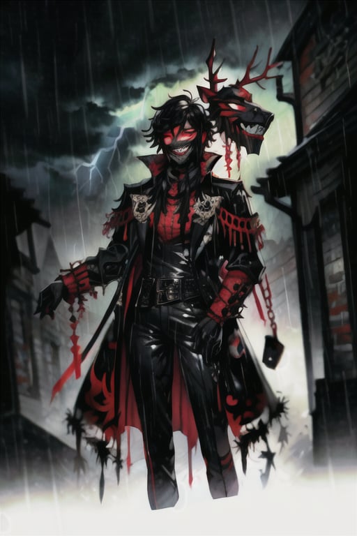 8k resolution, high resolution, masterpiece, long black scaly coat, open coat, black hair, smooth mask,white trickster mask,mocking smile painted on the mask,red smile, fanged smile,red eyes painted on the mask,squinted eyes, black gloves, black pants, arms thrown to the side, looking at the viewer, scarlet lightning in the background, rain, thunderstorm, the whole body in the frame, solo


