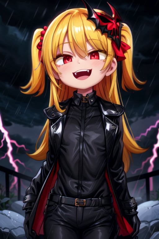 8k resolution, high resolution, masterpiece, long black scaly coat, open coat, yellow hair, white trickster mask,mocking smile painted on the mask,red smile, fanged smile,red eyes painted on the mask,squinted eyes, black gloves, black pants, arms thrown to the side, looking at the viewer, scarlet lightning in the background, rain, thunderstorm, the whole body in the frame, solo, 