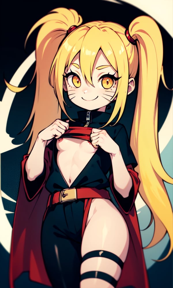 masterpiece, best quality, spectacular, solo, Naruko_Uzumaki, yellow hair, two pigtails, red eyes, animal vertical pupils, small breasts, loli, cheeky smile, straight pose, looks at the viewer, scarlet cloak, hands tied with black bandages, forearms tied with black bandages, black belt, black pants, black t-shirt with the red sign of the whirlpool, perfect eyes, perfect body, perfect anatomy , cartoon, Naruto, ,chibi