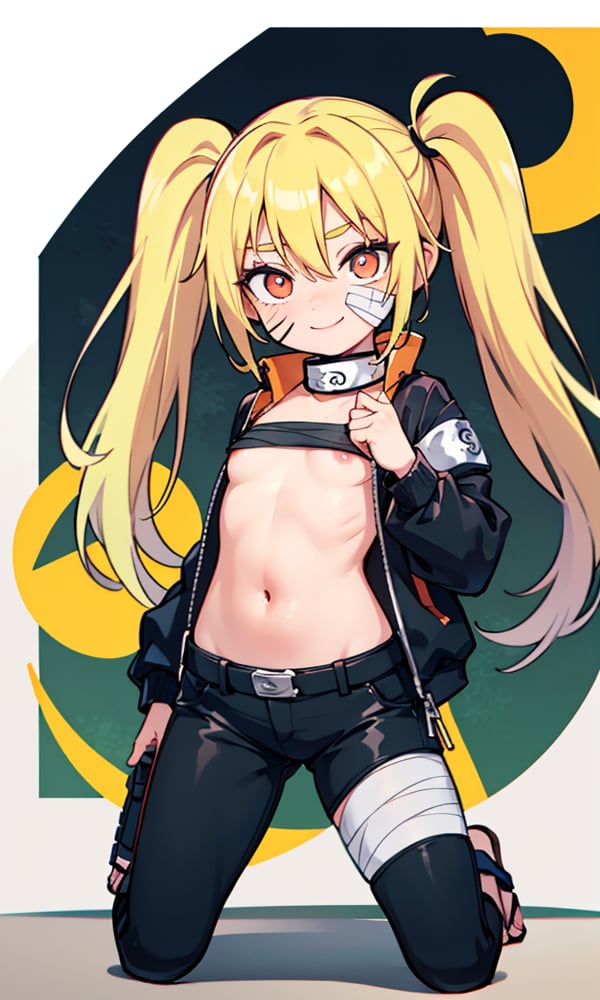 masterpiece, best quality, spectacular, solo, Naruko_Uzumaki, yellow hair, two pigtails, red eyes, elongated vertical pupils, small breasts, loli, cheeky smile, straight pose, looks at the viewer, hands tied with black bandages, forearms tied with black bandages, black belt, black pants, chest bandaged black bandages, perfect eyes, perfect body, perfect anatomy , cartoon, naruto,Cromachina,wagashi