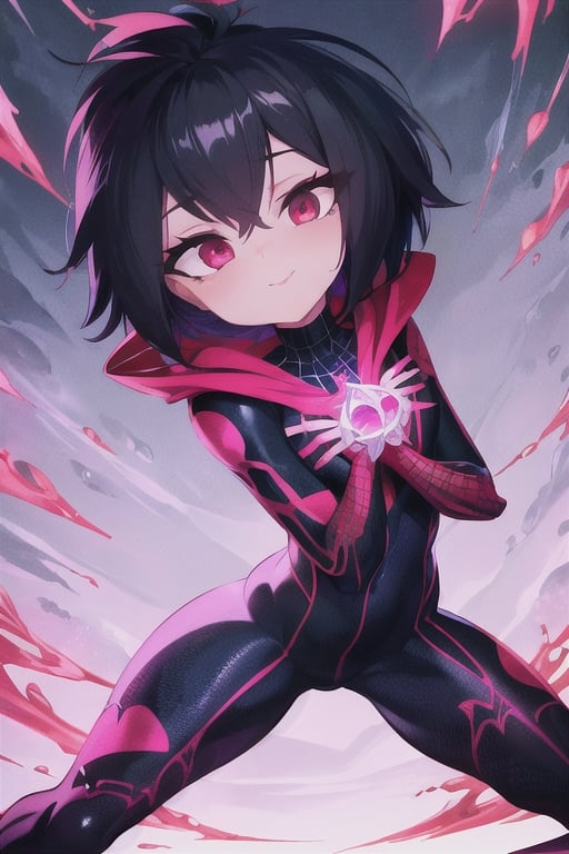 8k resolution, high resolution, masterpiece, intricate details, highly detailed, HD quality, solo, loli, short stature, little girls, only girls, dark background, rain, scarlet moon, crimson moon, moon, moon on the background, science fiction, science fiction city, red neon, blood red neon, burgundy red neon,

Peni Parker.red eyes.shining scarlet eyes.shining eyes.black hair.short haircut.slim build.teenage girl.Spiderman.Marvel.superhero.young woman.slim build.the red web.tight-fitting suit.black and red clothes.black spider print on the chest.black spider emblem.spider print.black print.hood.stretched hood.cheked smile.funny expression.fighting pose,

focus on the whole body, the whole body in the frame, the body is completely in the frame, the body does not leave the frame, detailed hands, detailed fingers, perfect body, perfect anatomy, wet bodies, rich colors, vibrant colors, detailed eyes, super detailed, extremely beautiful graphics, super detailed skin, best quality, highest quality, high detail, masterpiece, detailed skin, perfect anatomy, perfect body, perfect hands, perfect fingers, complex details, reflective hair, textured hair, best quality,super detailed,complex details, high resolution,

,AGGA_ST011,ChronoTemp ,illya,Star vs. the Forces of Evil ,Captain kirb,jtveemo,JCM2,Mrploxykun,Gerph ,Jago,Overlord,Artist,penini,C7b3rp0nkStyle,High detailed 