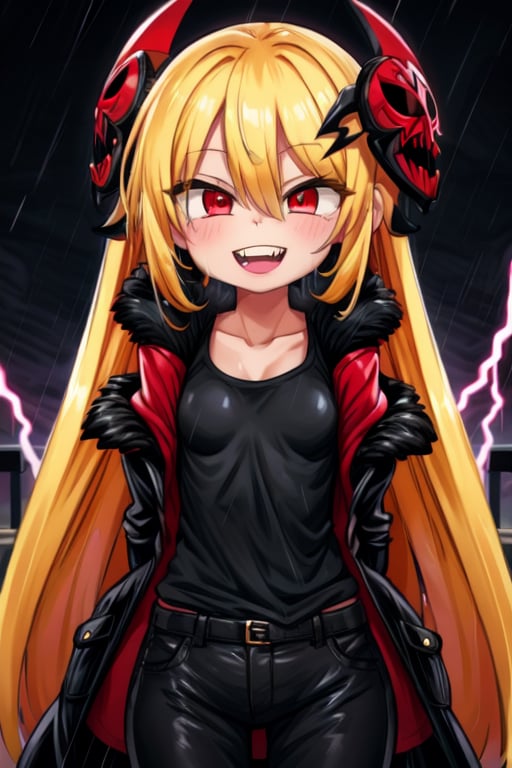 8k, resolution, high resolution, masterpiece, long black scaly coat, open coat, yellow hair, white trickster mask,mocking smile painted on the mask,red smile, fanged smile,red eyes painted on the mask,squinted eyes, black gloves, black pants, arms thrown to the side, looking at the viewer, scarlet lightning in the background, rain, thunderstorm, the whole body in the frame, solo, 