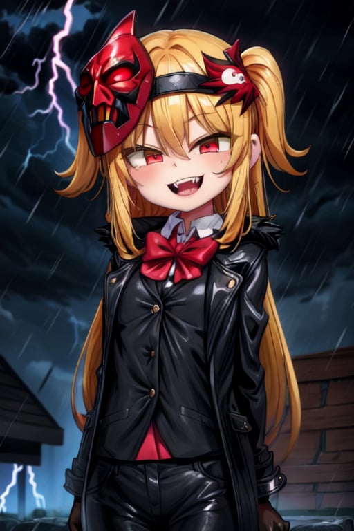 8k resolution, high resolution, masterpiece, long black scaly coat, open coat, yellow hair, white trickster mask,mocking smile painted on the mask,red smile, fanged smile,red eyes painted on the mask,squinted eyes, black gloves, black pants, arms thrown to the side, looking at the viewer, scarlet lightning in the background, rain, thunderstorm, the whole body in the frame, solo, 