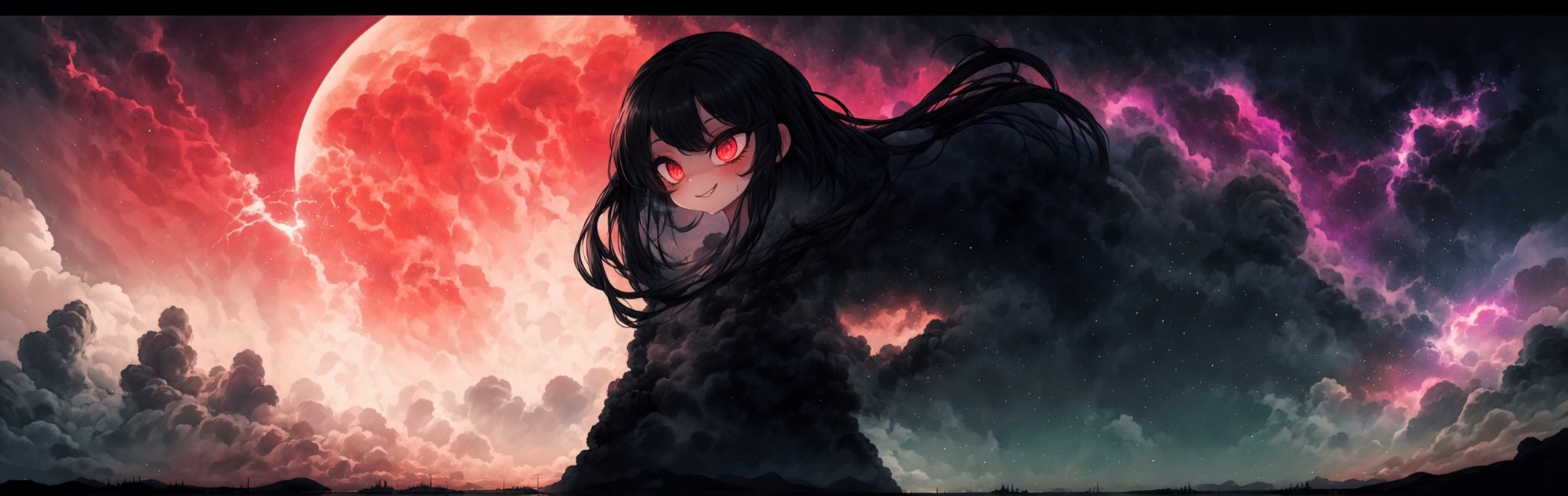 8k resolution, high resolution, masterpiece, intricate details, highly detailed, HD quality, solo, loli, black desert on the background, night, rain, red stars in the sky, scarlet moon, red stars, scarlet cosmos, snowy wasteland, black snow, scarlet lightning, apocalypse, the girl in the share, loli, black hair.long hair.developing hair.formidable aura.the scarlet aura.red eyes.glowing eyes.black coat.black pants.a cheeky smile.a cheeky expression.happy expression,

Focus on the whole body, the whole body in the frame, the body is completely in the frame, the body does not leave the frame, detailed hands, detailed fingers, perfect body, perfect anatomy, wet bodies, rich colors, vibrant colors, detailed eyes, super detailed, extremely beautiful graphics, super detailed skin, best quality, highest quality, high detail, masterpiece, detailed skin, perfect anatomy, perfect body, perfect hands, perfect fingers, complex details, reflective hair, textured hair, best quality,super detailed,complex details, high resolution,USA,JCM2,Captain kirb,jtveemo,ChronoTemp ,EpicArt,Mrploxykun