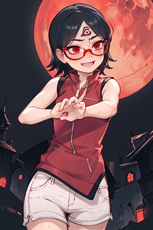 8k resolution, high resolution, masterpiece, intricate details, highly detailed, HD quality, solo, short stature, only girls, dark background, rain, scarlet moon, crimson moon, moon, moon on the background, loli,

Sarada Uchiha.red eyes.black hair.short hair.bangs on the forehead.slim build.a teenage girl.The clothes of the Uchiha Succession.shinobi clothes.sexy clothes.red vest.thin vest.white shorts.loose shorts.glasses.smile.a crazy smile.a cheeky expression.crazy expression.an insanely cheerful expression.a conspiratorial expression.sexy pose.fighting pose.lustful pose.perverted pose, 

focus on the whole body, the whole body in the frame, the body is completely in the frame, the body does not leave the frame, detailed hands, detailed fingers, perfect body, perfect anatomy, wet bodies, rich colors, vibrant colors, detailed eyes, super detailed, extremely beautiful graphics, super detailed skin, best quality, highest quality, high detail, masterpiece, detailed skin, perfect anatomy, perfect body, perfect hands, perfect fingers, complex details, reflective hair, textured hair, best quality,super detailed,complex details, high resolution,

,perfecteyes,USA,Mrploxykun,jtveemo,JCM2,Captain kirb,Artist,AGGA_ST011,fantai12,Oerlord,arcane style,らす ,The Pink Pirate,Saradauchiha