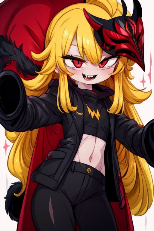 8k resolution, high resolution, masterpiece, long black scaly coat, open coat, yellow hair, white trickster mask,mocking smile painted on the mask,red smile, fanged smile,red eyes painted on the mask,squinted eyes, black gloves, black pants, arms thrown to the side, looking at the viewer, scarlet lightning in the background, rain, thunderstorm, the whole body in the frame, solo, detailed eyes, super detailed, extremely beautiful graphics, super detailed skin, best quality, highest quality, high detail, masterpiece, detailed skin, perfect anatomy, perfect hands, perfect fingers, complex details, reflective hair, textured hair, best quality, super detailed, complex details, high resolution, looking at the viewer, rich colors,Mrploxykun,JCM2,High detailed ,perfecteyes,Color magic,War of the Visions  ,Saturated colors,Artist