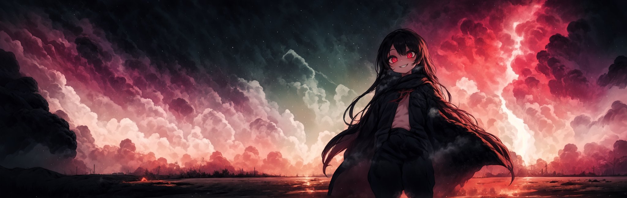 8k resolution, high resolution, masterpiece, intricate details, highly detailed, HD quality, solo, loli, black desert on the background, night, rain, red stars in the sky, scarlet moon, red stars, scarlet cosmos, snowy wasteland, black snow, scarlet lightning, apocalypse, the girl in the share, loli, black hair.long hair.developing hair.formidable aura.the scarlet aura.red eyes.glowing eyes.black coat.black pants.a cheeky smile.a cheeky expression.happy expression,

Focus on the whole body, the whole body in the frame, the body is completely in the frame, the body does not leave the frame, detailed hands, detailed fingers, perfect body, perfect anatomy, wet bodies, rich colors, vibrant colors, detailed eyes, super detailed, extremely beautiful graphics, super detailed skin, best quality, highest quality, high detail, masterpiece, detailed skin, perfect anatomy, perfect body, perfect hands, perfect fingers, complex details, reflective hair, textured hair, best quality,super detailed,complex details, high resolution,USA,JCM2,Captain kirb,jtveemo,ChronoTemp ,EpicArt,Mrploxykun