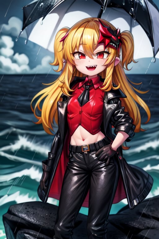 8k resolution, high resolution, masterpiece, long black scaly coat, open coat, yellow hair, white trickster mask,mocking smile painted on the mask,red smile, standing on a rock in the middle of the ocean, the whole body in the frame, fanged smile,red eyes painted on the mask,squinted eyes, black gloves, black pants, arms thrown to the side, looking at the viewer, scarlet lightning in the background, rain, thunderstorm, the whole body in the frame, solo, 