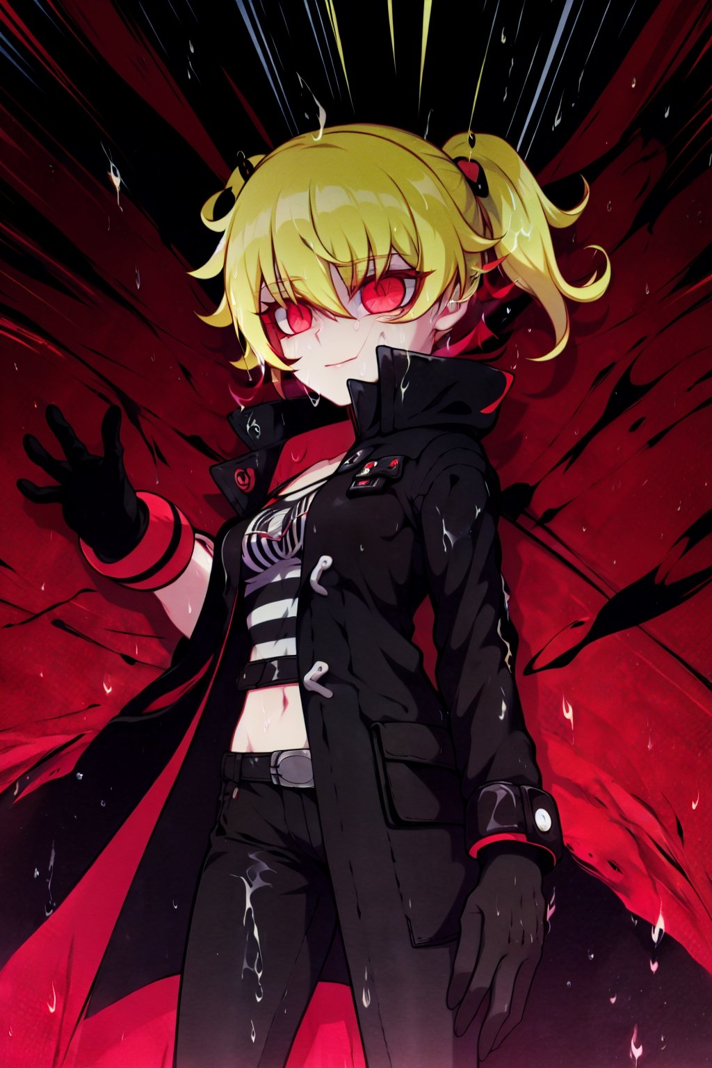 Loli, solo, Naruko Uzumaki, red eyes, eyes emitting scarlet light, black sclera, absolutely black eyeballs, three thin black vertical stripes on both cheeks, shadow on the face, the upper part of the face is hidden by shadow, long black scaly coat, open coat, yellow hair, two ponytails, squinted eyes, black gloves, black trousers, arms outstretched, scarlet lightning in the background, rain, thunderstorm, the whole body in the frame,