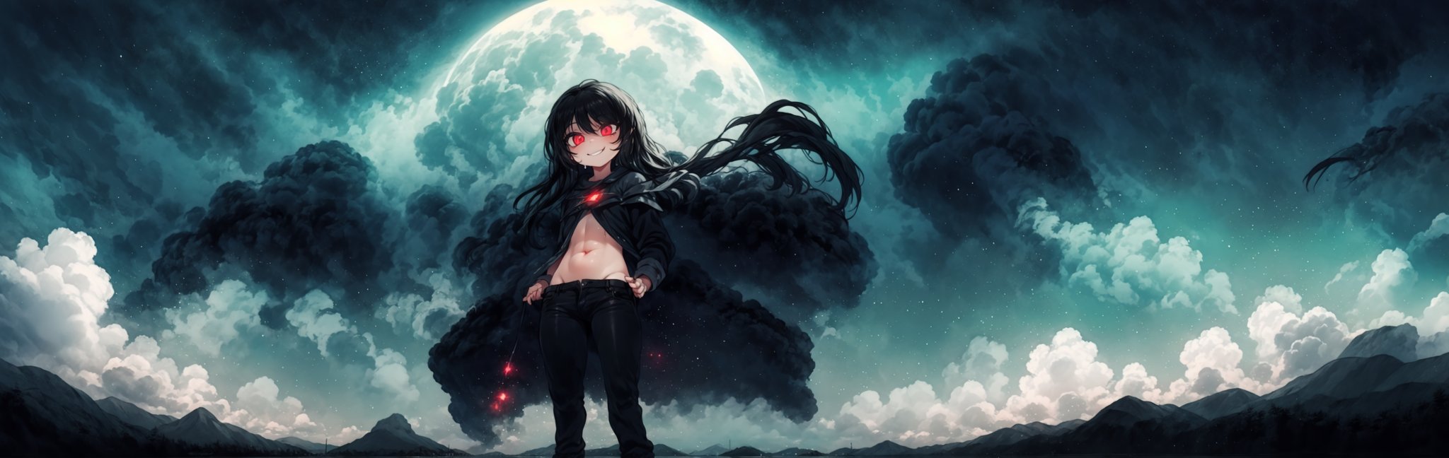 8k resolution, high resolution, masterpiece, intricate details, highly detailed, HD quality, solo, loli, black desert on the background, night, rain, red stars in the sky, scarlet moon, red stars, scarlet cosmos, snowy wasteland, black snow, scarlet lightning, apocalypse, the girl in the share, loli, black hair.long hair.developing hair.formidable aura.the scarlet aura.red eyes.glowing eyes.black coat.black pants.a cheeky smile.a cheeky expression.happy expression,

Focus on the whole body, the whole body in the frame, the body is completely in the frame, the body does not leave the frame, detailed hands, detailed fingers, perfect body, perfect anatomy, wet bodies, rich colors, vibrant colors, detailed eyes, super detailed, extremely beautiful graphics, super detailed skin, best quality, highest quality, high detail, masterpiece, detailed skin, perfect anatomy, perfect body, perfect hands, perfect fingers, complex details, reflective hair, textured hair, best quality,super detailed,complex details, high resolution,USA,JCM2,Captain kirb,jtveemo,ChronoTemp ,EpicArt,Mrploxykun