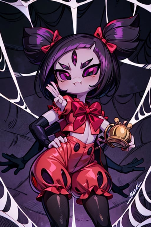 8k resolution, high resolution, masterpiece,  intricate details, highly detailed, HD quality, best quality, vibrant colors, 1girl,muffet,(muffetwear), monster girl,((purple body:1.3)),humanoid, arachnid, anthro,((fangs)),pigtails,hair bows,5 eyes,spider girl,6 arms,solo,clothed,6 hands,detailed hands,((spider webs:1.4)),bloomers,red and black clothing, armwear,  detailed eyes, super detailed, extremely beautiful graphics, super detailed skin, best quality, highest quality, high detail, masterpiece, detailed skin, perfect anatomy, perfect hands, perfect fingers, complex details, reflective hair, textured hair, best quality, super detailed, complex details, high resolution, looking at the viewer, rich colors, ,muffetwear,Shadbase ,JCM2,DAGASI,Oerlord,illya,In the style of gravityfalls,tensura,Mrploxykun,BORN-TO-DIE,Captain kirb,ChronoTemp ,spy x family style