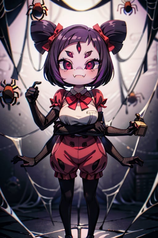 8k resolution, high resolution, masterpiece,  intricate details, highly detailed, HD quality, best quality, vibrant colors, 1girl,muffet,(muffetwear), monster girl,((purple body:1.3)),humanoid, arachnid, anthro,((fangs)),pigtails,hair bows,5 eyes,spider girl,6 arms,solo,clothed,6 hands,detailed hands,((spider webs:1.4)),bloomers,red and black clothing, armwear,  detailed eyes, super detailed, extremely beautiful graphics, super detailed skin, best quality, highest quality, high detail, masterpiece, detailed skin, perfect anatomy, perfect hands, perfect fingers, complex details, reflective hair, textured hair, best quality, super detailed, complex details, high resolution, looking at the viewer, rich colors, ,muffetwear,Shadbase ,JCM2,DAGASI,Oerlord,illya,In the style of gravityfalls,tensura,Mrploxykun,BORN-TO-DIE,Captain kirb,ChronoTemp ,spy x family style