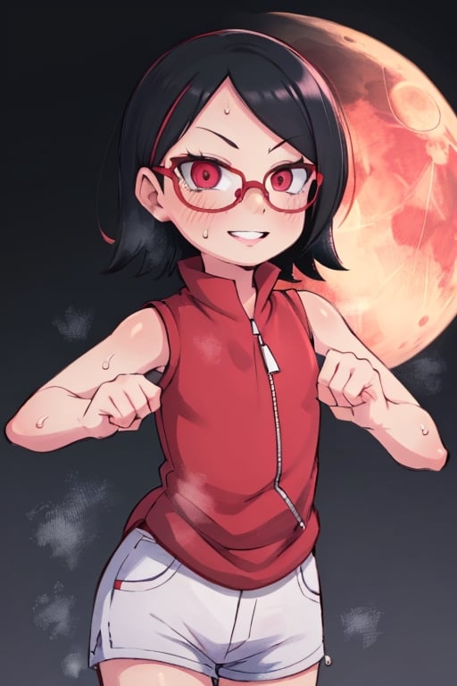 8k resolution, high resolution, masterpiece, intricate details, highly detailed, HD quality, solo, short stature, only girls, dark background, rain, scarlet moon, crimson moon, moon, moon on the background, loli,

Sarada Uchiha.red eyes.black hair.short hair.bangs on the forehead.slim build.a teenage girl.The clothes of the Uchiha Succession.shinobi clothes.sexy clothes.red vest.thin vest.white shorts.loose shorts.glasses.smile.a crazy smile.a cheeky expression.crazy expression.an insanely cheerful expression.a conspiratorial expression.sexy pose.fighting pose.lustful pose.perverted pose, 

focus on the whole body, the whole body in the frame, the body is completely in the frame, the body does not leave the frame, detailed hands, detailed fingers, perfect body, perfect anatomy, wet bodies, rich colors, vibrant colors, detailed eyes, super detailed, extremely beautiful graphics, super detailed skin, best quality, highest quality, high detail, masterpiece, detailed skin, perfect anatomy, perfect body, perfect hands, perfect fingers, complex details, reflective hair, textured hair, best quality,super detailed,complex details, high resolution,

,perfecteyes,USA,Mrploxykun,jtveemo,JCM2,Captain kirb,Artist,AGGA_ST011,fantai12,Oerlord,arcane style,らす ,The Pink Pirate,Saradauchiha