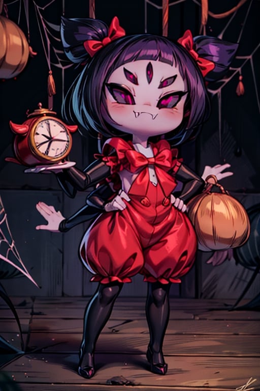 8k resolution, high resolution, masterpiece,  intricate details, highly detailed, HD quality, best quality, vibrant colors, 1girl,muffet,(muffetwear), monster girl,((purple body:1.3)),humanoid, arachnid, anthro,((fangs)),pigtails,hair bows,5 eyes,spider girl,6 arms,solo,clothed,6 hands,detailed hands,((spider webs:1.4)),bloomers,red and black clothing, armwear,  detailed eyes, super detailed, extremely beautiful graphics, super detailed skin, best quality, highest quality, high detail, masterpiece, detailed skin, perfect anatomy, perfect hands, perfect fingers, complex details, reflective hair, textured hair, best quality, super detailed, complex details, high resolution, looking at the viewer, rich colors, ,muffetwear,Shadbase ,JCM2,DAGASI,Oerlord,illya,In the style of gravityfalls,tensura,Mrploxykun,BORN-TO-DIE,Captain kirb,ChronoTemp ,spy x family style