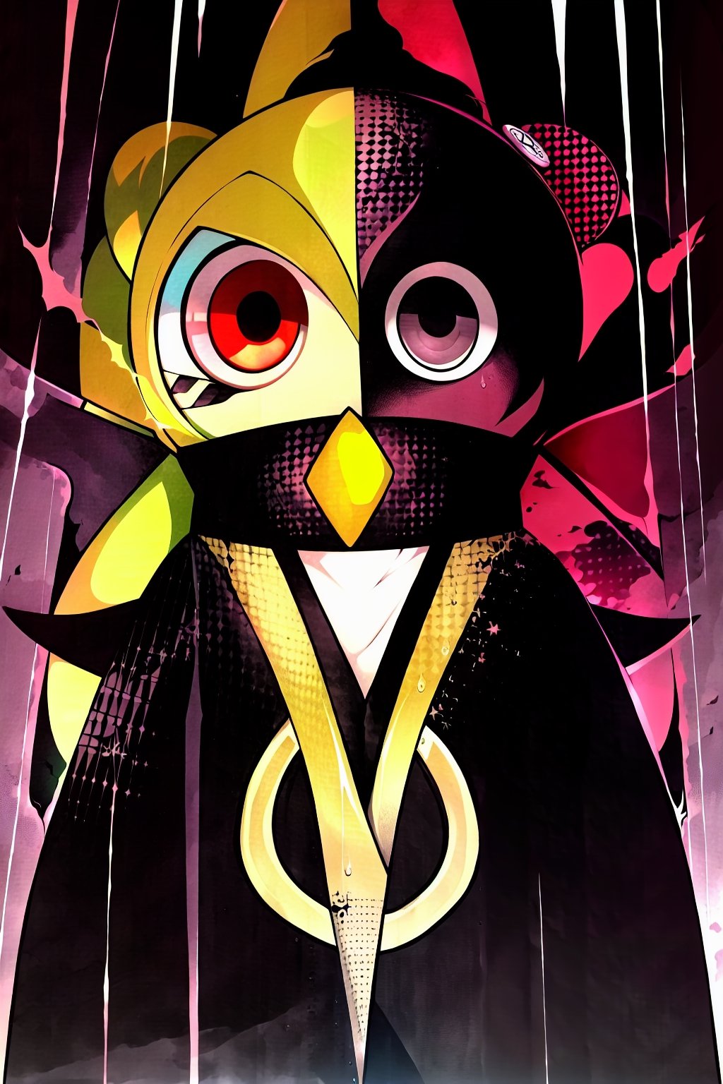 Loli, solo, Naruko Uzumaki, red eyes, eyes emitting scarlet light, black sclera, absolutely black eyeballs, three thin black vertical stripes on both cheeks, shadow on the face, the upper part of the face is hidden by shadow, long black scaly coat, open coat, yellow hair, two ponytails, squinted eyes, black gloves, black trousers, arms outstretched, scarlet lightning in the background, rain, thunderstorm, the whole body in the frame,

,BloodOrangeMix ,SHADBASE,Mrploxykun,ChronoTemp ,Captain kirb