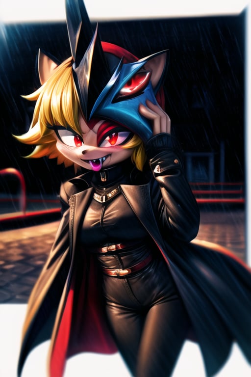 8k resolution, high resolution, masterpiece, long black scaly coat, open coat, yellow hair, white trickster mask,mocking smile painted on the mask,red smile, fanged smile,red eyes painted on the mask,squinted eyes, black gloves, black pants, arms thrown to the side, looking at the viewer, scarlet lightning in the background, rain, thunderstorm, the whole body in the frame, solo, 