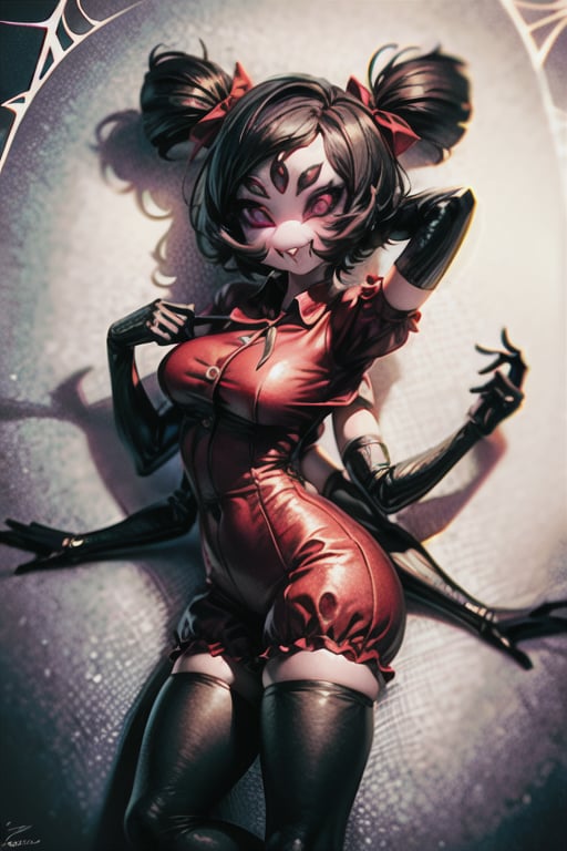 8k resolution, high resolution, masterpiece,  intricate details, highly detailed, HD quality, best quality, vibrant colors, 1girl,muffet,(muffetwear), monster girl,((purple body:1.3)),humanoid, arachnid, anthro,((fangs)),pigtails,hair bows,5 eyes,spider girl,6 arms,solo,clothed,6 hands,detailed hands,((spider webs:1.4)),bloomers,red and black clothing, armwear,  detailed eyes, super detailed, extremely beautiful graphics, super detailed skin, best quality, highest quality, high detail, masterpiece, detailed skin, perfect anatomy, perfect hands, perfect fingers, complex details, reflective hair, textured hair, best quality, super detailed, complex details, high resolution, looking at the viewer, rich colors, ,muffetwear