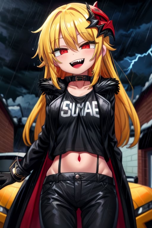 8k, resolution, high resolution, masterpiece, long black scaly coat, open coat, yellow hair, white trickster mask,mocking smile painted on the mask,red smile, fanged smile,red eyes painted on the mask,squinted eyes, black gloves, black pants, arms thrown to the side, looking at the viewer, scarlet lightning in the background, rain, thunderstorm, the whole body in the frame, solo, 